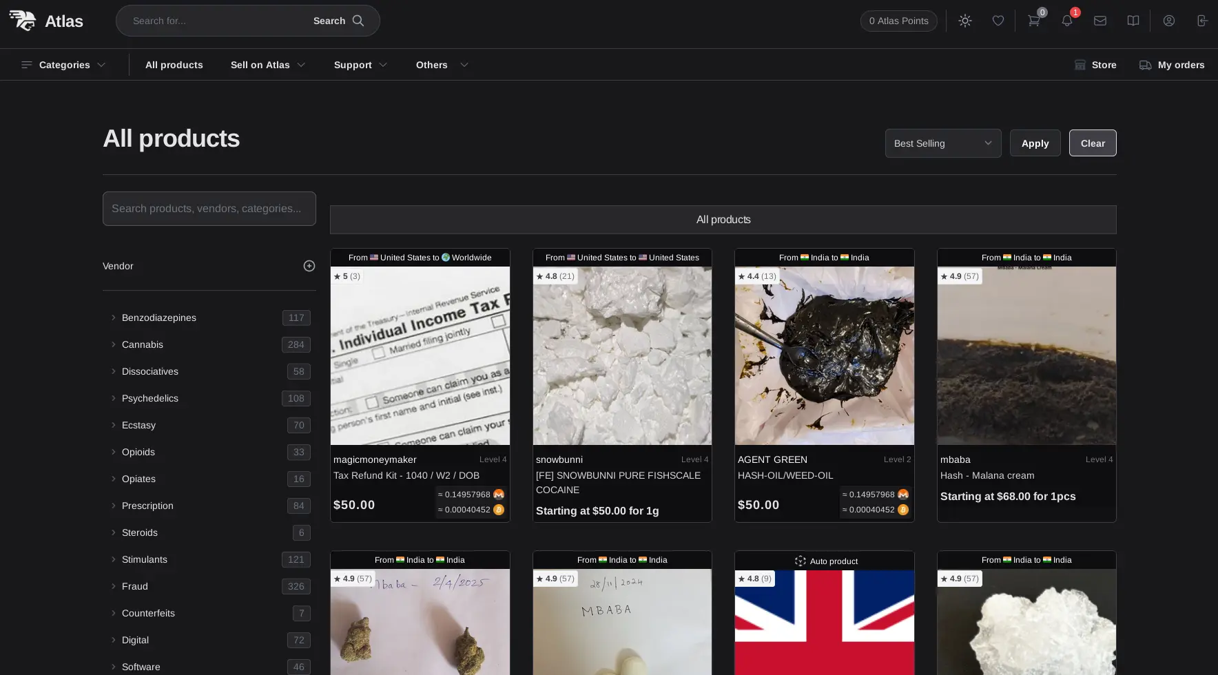 Atlas darknet marketplace all products page interface